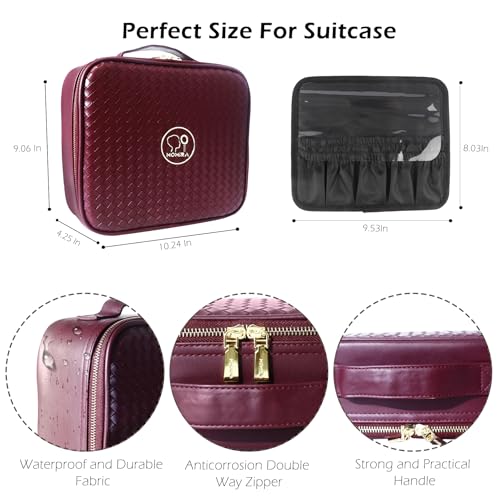 Travel Makeup Bag Cosmetic Bag Makeup Organizer Bag with Lighted Mirror (Wine Red / Woven)