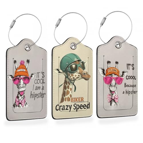 Funny Hipster Giraffe 3 Pack PU Leahter Luggage Tag with Stainless Steel Loop (Funny Hipster Giraffe)