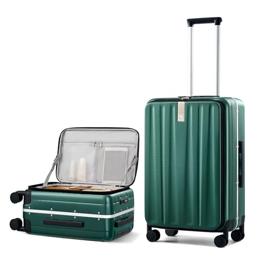 24 Inch Checked Luggage Front Opening Rolling Suitcase Hard Sided Luggage with Spinner Wheels Travel Luggagefor Woman Men (24 Inch / Dark Green)