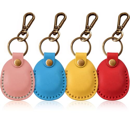 4 Pack Genuine Leather Airtag Holder Compatible with Apple AirTag Keychain 2nd & 1st Gen (Pink/Light Blue/Yellow/True Red)