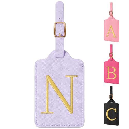 Personalized Initial Luggage Tags for Suitcase (Purple Leather,glod Letter / N)