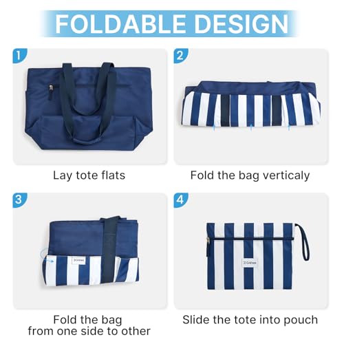 Beach Bag Waterproof Beach Tote Pool Bags for Women (Blue White Stripes / 35L)