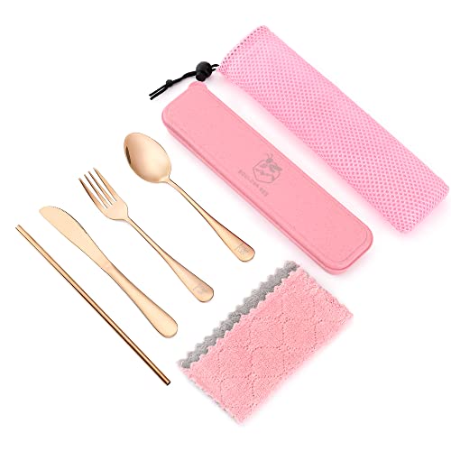 Travel Utensils Set Stainless Steel with Carrying Case (Rose Gold)