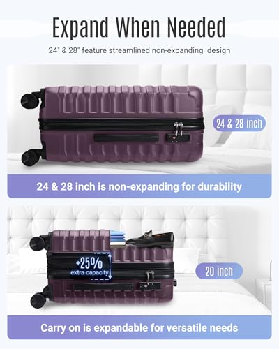 Luggage Sets 3 Pcs Suitcase with Wheels (Purple / 3-Piece Set-20 Inch/24 Inch/28 Inch)