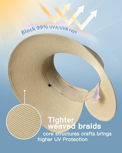 Womens Sun Hat with Ponytail Hole Wide Brim Beach Straw Visor Beige (Medium / Beige)