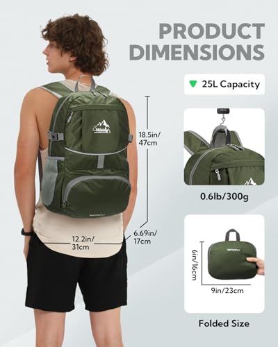 Small Lightweight Packable Hiking Backpack Foldable Travel Daypack (H-green / 25L)