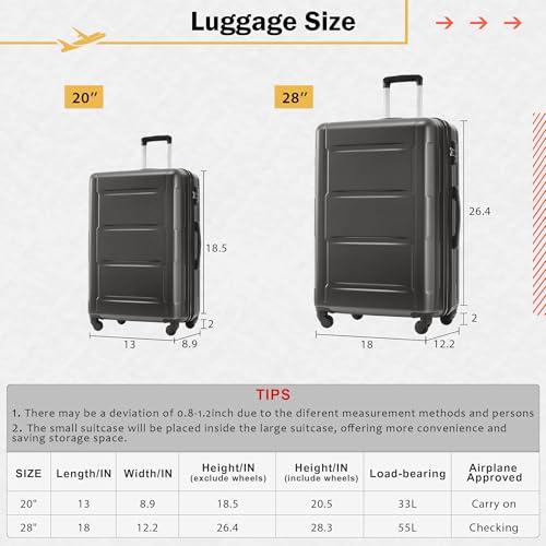 Luggage Set Expandable 2 Piece Suitcase Sets with Spinner Wheels (2-piece Set / Dark Gray(20/28+bags))