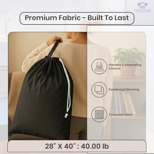 LFH Home Large Premium Cotton Rich Canvas Laundry Bag with Drawstring and Handles Heavy Duty (28”x40” (Pack of 6) / Black)