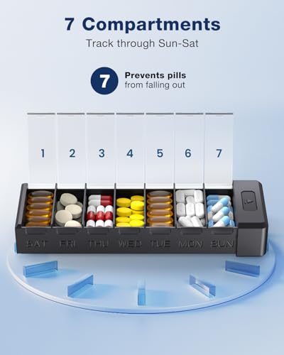 7 Days Pill Organizer with Aluminum Shell for One Week Capacity (Updated Black)
