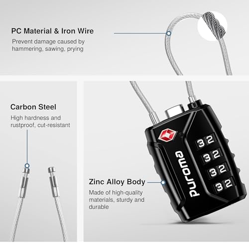 1 Pack TSA Approved Luggage Locks 4 Digit Code Cable Lock Black (Basic Black)