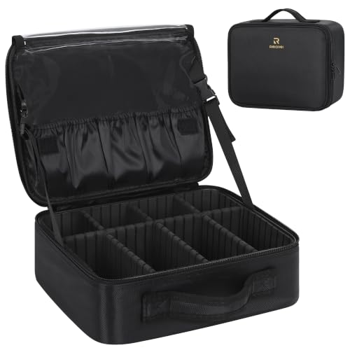 Makeup Bag Travel Makeup Train Case Large Capacity Cosmetic Case Professional Portable Makeup Brush Holder Organizer and Storage Box with Adjustable Dividers Black (Small / Black)