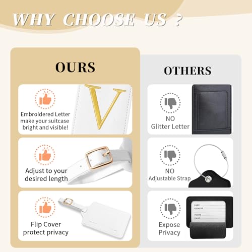 Personalized Initial Luggage Tags for Suitcase TSA Approved (White Leather,glod Letter / V)