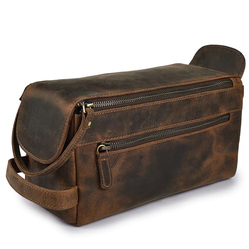 Genuine Leather Toiletry Travel Bag For Men & Women (Rustic Brown / 10"X5")