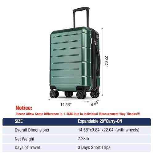 Carry On Luggage 22x14x9 Airline Approved Expandable Hardshell 20 Inch Suitcase with TSA Lock Carry On Suitcase with Wheels Small Travel Rolling Luggage with Cup Holder for Men Women Green (Green / Expandable Carry-On 20-Inch)