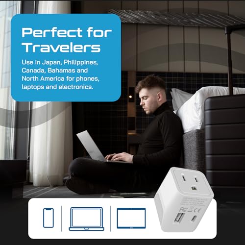Japan Philippines Travel Adapter Plug with USB (Matte White)