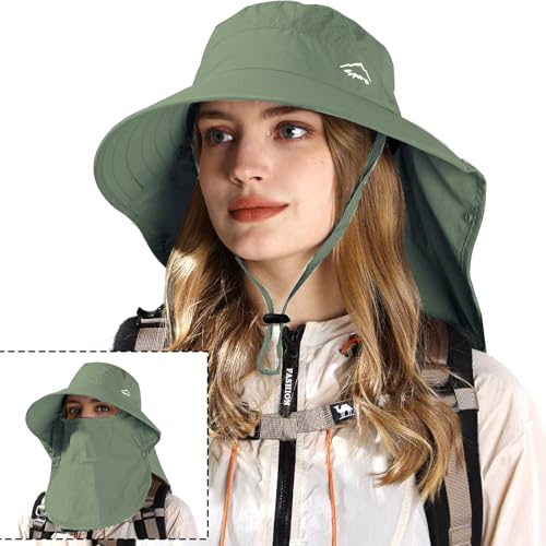 Sun Hat for Men Women with Neck Flap& Removable Face Cover Wide Brim (1pack-green/Arm Sleeves)