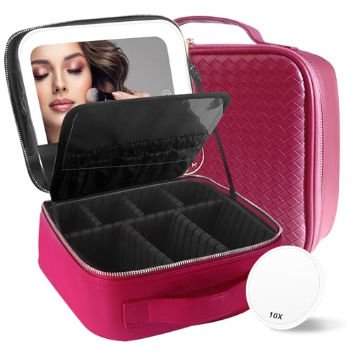 Travel Makeup Bag Cosmetic Bag Makeup Organizer Bag with Lighted Mirror (Rose Red / Woven)
