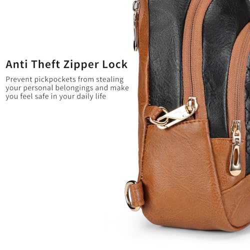 Crossbody Bags for Women Anti Theft Small Sling Handbag with Zipper Lock Vegan Leather RFID Blocking Chest Pure (Black Brown-001)