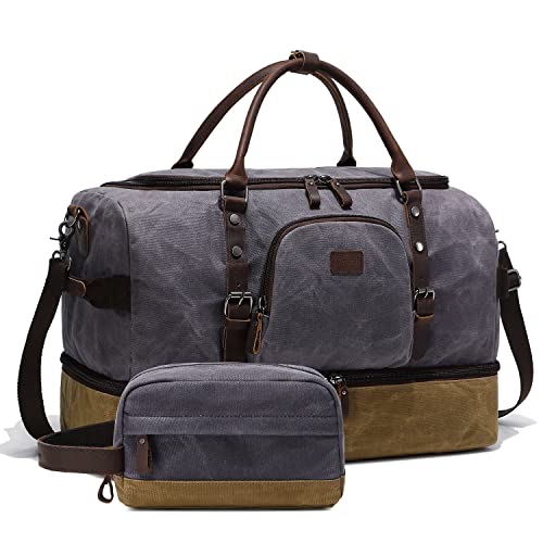 Nerlion Weekender Bag with Shoe Compartment Large Overnight Bag for Men Canvas Genuine Leather Carry on Luggage Bag Travel Duffel Bag (Gray)