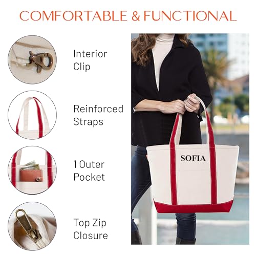 Medium Classic Personalized Monogram Canvas Tote Bag for Women (Red)