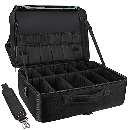 Extra Large Makeup Case Travel Makeup Train Case Professional Makeup Artist Bag Portable Nail Organizer Box Art Supply Case with Adjustable Dividers (Black / Extra Large)