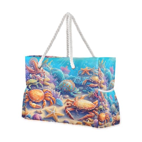 Large Beach Bags Totes Canvas Tote Shoulder Bag Soft Wave Water Resistant Bags for Gym Travel Daily Ocean (Marine Crab)