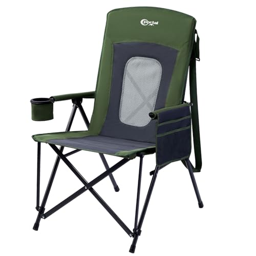 Oversized Folding High Back Portable Lawn Chairs for Adults Outdoor Camp Sports Hunting Fishing Backyard with Hard Armrest Cup Holder Carrying Strap (Green / Mesh back)