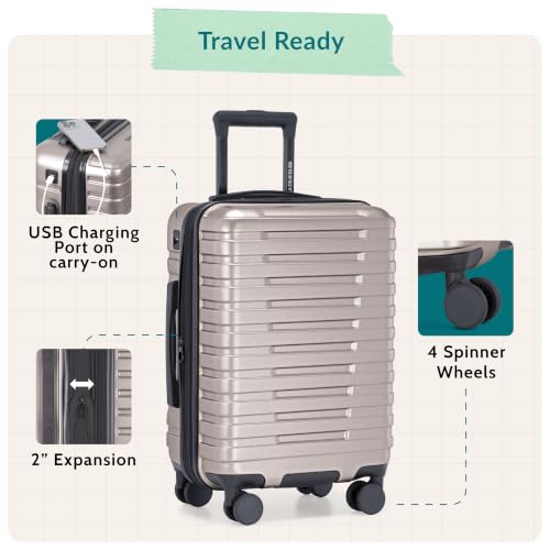 Boren Expandable Hardside Rugged Travel Luggage with 8 Spinner Wheels (3-Piece Set, USB Port in Carry-On / Champagne)