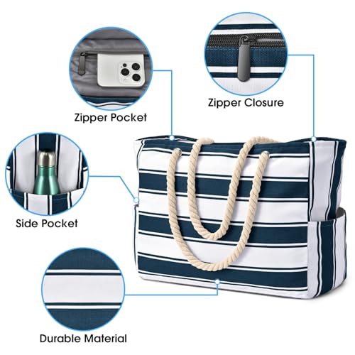 Beach Bags for Women Large Waterproof Beach Tote Bag Zipper Beach Bags Waterproof Sandproof Swim Pool Bag Large Tote (Dark Blue Stripe)