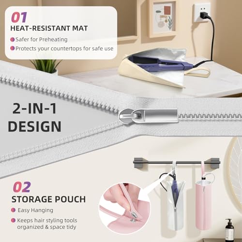 2-in-1 Heat Resistant Mat & Bag for Hair Styling Tools, Hanging Curling Iron Holder Flat Iron Holder with Zip, Portable Hot Hair Tools Travel Bag, Hair Straightener Mat Pouch for Countertop (Silver)