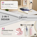 2-in-1 Heat Resistant Mat & Bag for Hair Styling Tools, Hanging Curling Iron Holder Flat Iron Holder with Zip, Portable Hot Hair Tools Travel Bag, Hair Straightener Mat Pouch for Countertop (Silver)