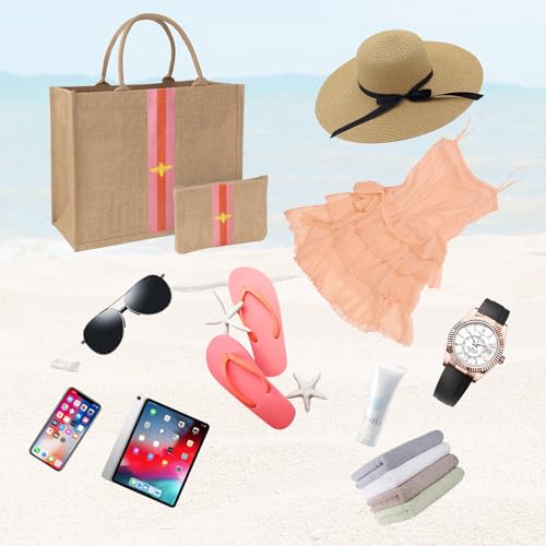 Large Beach Bag Jute Woven Pink and Red. Beach Bags for women. Versatile tote use as a Pool bag or Work tote (Red)
