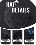 Men's Sun Hat UPF 50+ Wide Brim UV Protective Safari Outback Bucket Hat Fishing Hat Black (One Size / Black)