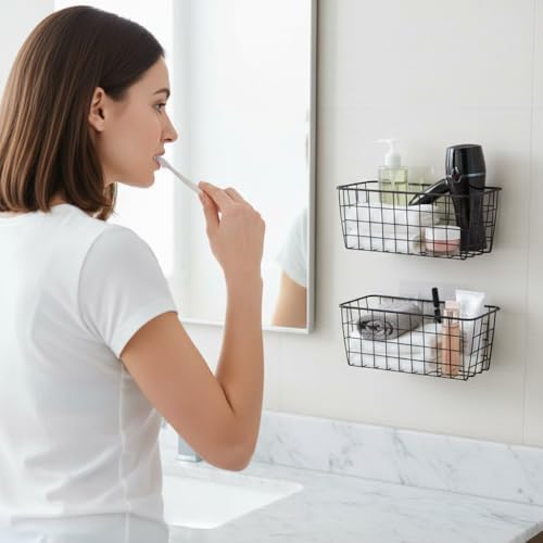 3 Set LeleCAT Adhesive Over the Cabinet Door Wire Baskets for Organizing for Kitchen Food Pantry Bathroom Shelf Storage No Drilling Wall Mounted (Black / 3 PACK)