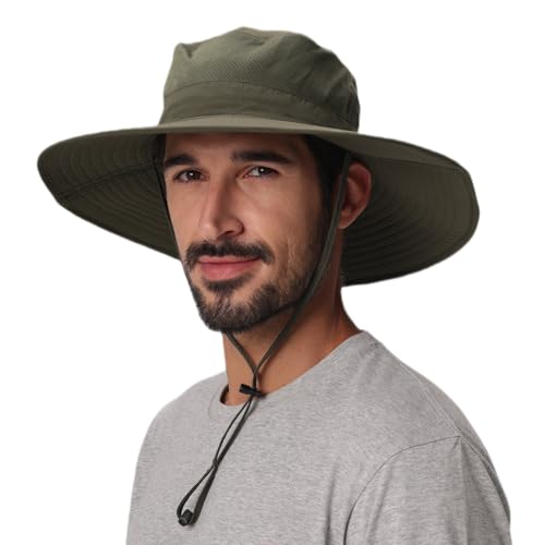 UPF50+ Mens Sun Hat Wide Brim Fishing Hat Large Foldable Brim UV Protection Hat for Men Bucket Beach Army Green (One Size / Army Green)