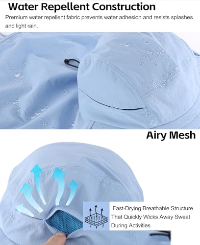 UPF 80+ Sun Hat for Men Women Wide Brim Sun Hat with Neck Flap Summer Beach UV Protection Gardening Fishing Hat (Soft Blue)