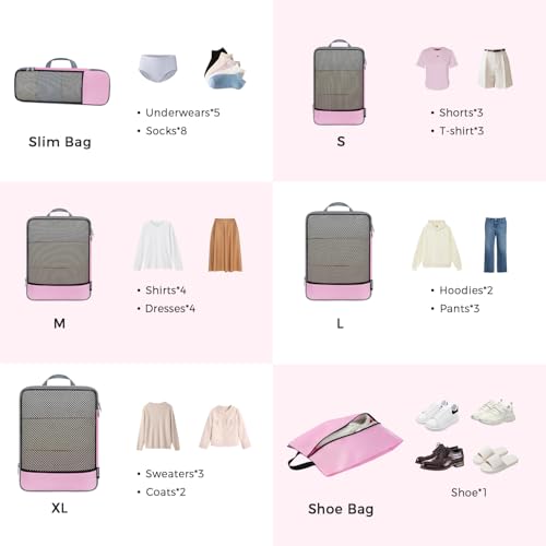 4 Set/6 Set/8 Set Compression Packing Cubes Travel Accessories Expandable Packing Organizers (Half Mesh, 6-Pink) (6-Pink / Half Mesh)