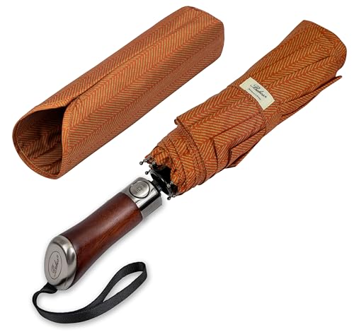 Folding Umbrella Lux Hardwood Handle Herringbone Gold Flame (Herringbone Gold Flame)
