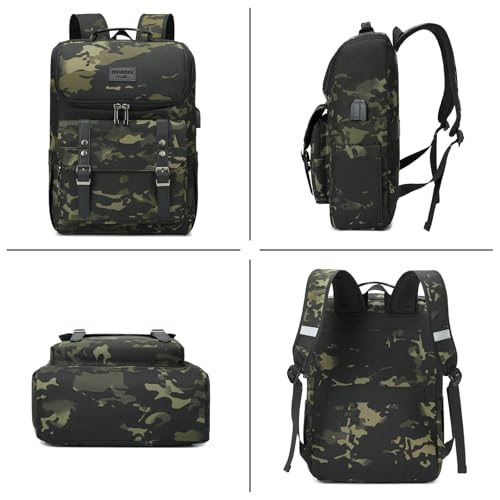 Vintage Backpack Travel Laptop Backpack with usb Charging Port for Women & Men College Backpack Fits 15.6 Inch Laptop Camouflage Green (Camo&green)