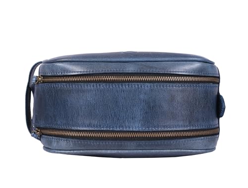 10" Premium Leather Toiletry Travel Pouch With Waterproof Lining (Royal Blue)