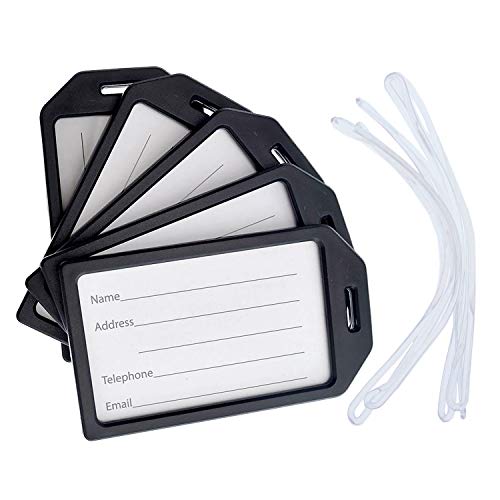 5 Pack Premium Rigid Airline Luggage Tag Holders with 6" Worm Loops (5 Pack / Black)