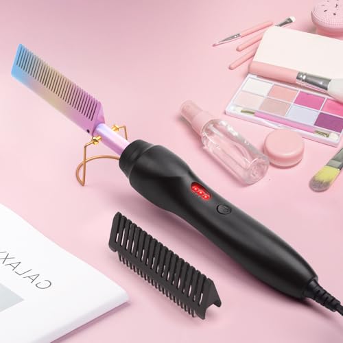 Electric Hot Comb Hair Straightener Heat Pressing Comb Curling Flat Iron Curler Hair Straightener Brush for Natural Black (Multicolored)