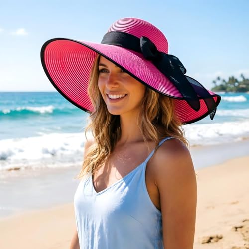 Womens Bowknot Straw Hat Foldable Beach Sun Hat Roll up UPF 50+ (Big Bow / Deep Pink 5.9" Brim, 1 Pack)