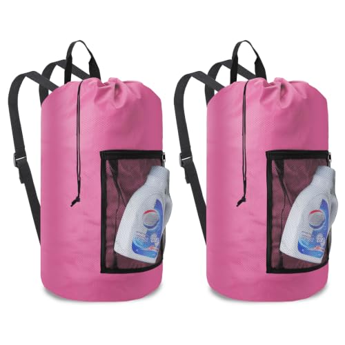 Laundry Backpack Portable Travel Laundry Bags with Straps and Mesh Pocket (Pink / 2 Pack)