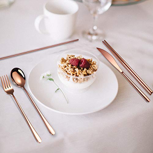 6 Pieces 18 8 Stainless Steel Flatware Set Portable Reusable Cutlery Set Travel Utensils Set Including Chopsticks Knife Fork Spoon Straws Cleaning Brush Dishwasher Safe (Rose Gold)