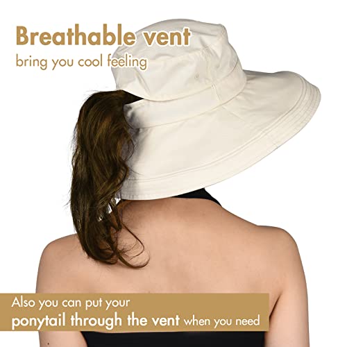 Womens Sun Hat with Ponytail Hole Cotton Shapeable Wide Brim Beige (Medium-Large / Beige)