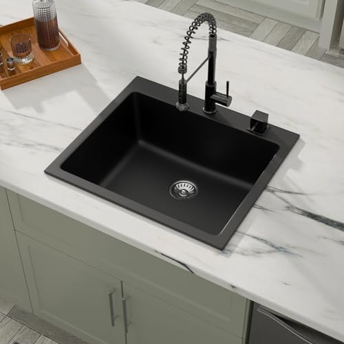 25" Quartz Sink Drop In Wet Bar Sink Black Prep Kitchen Sink Topmount Deep Single Bowl (Black / 25"x22")