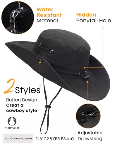 Sun Hats for Women Ponytail Wide Brim Summer Packable Cowboy Hat (One Size / Pure Black)
