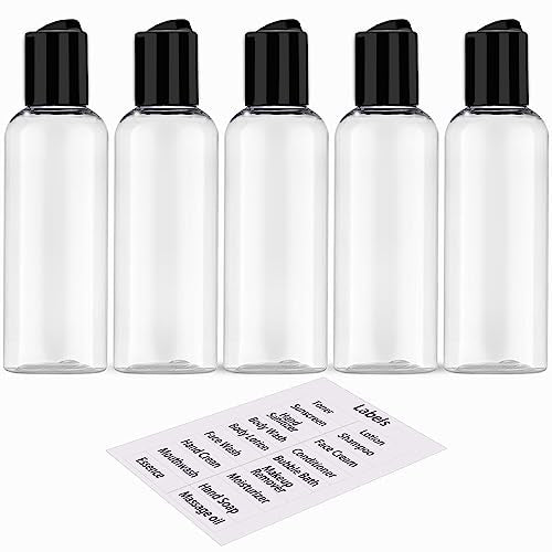 5 Pack 3.4 oz Travel Bottles for Toiletries TSA Approved Leakproof Plastic Empty Travel Size Bottles Containers with Labels (1.5 inches x 4.7 inches)