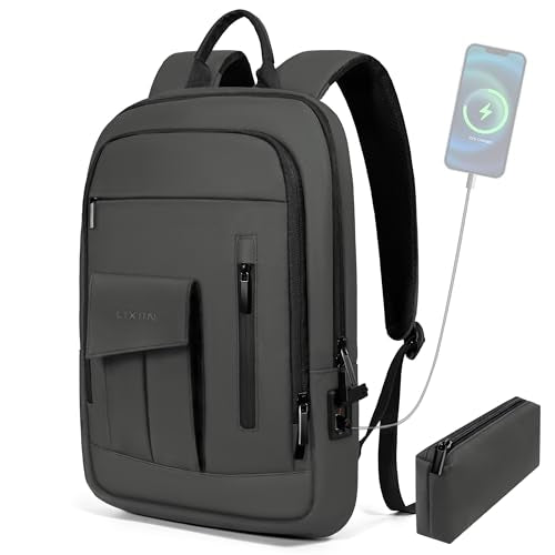 Business Backpack for Men Slim Lightweight Laptop Backpack for 17.3 Inch Computer Water Resistant Small Office Backpack for Commute Travel Daily Office Work with Small Bag (17.3" / With Pocket / Grey)